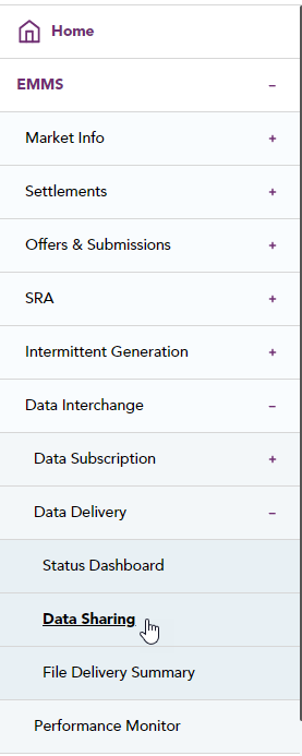 Markets Portal Data Sharing menu